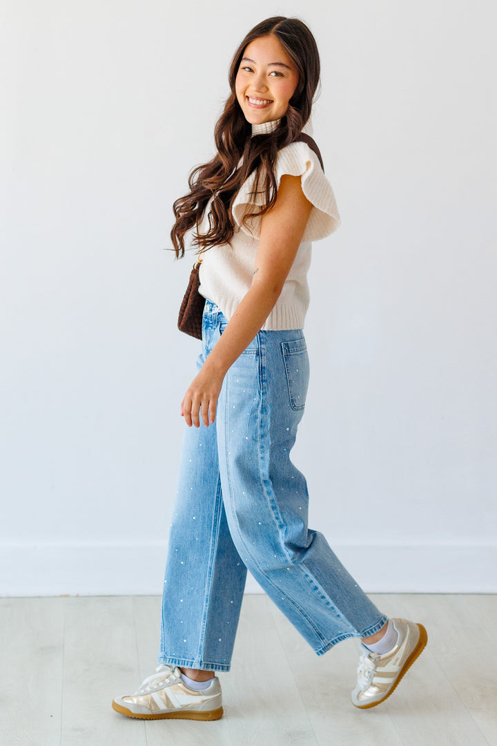 MEDIUM DENIM EMBELLISHED BARREL JEAN