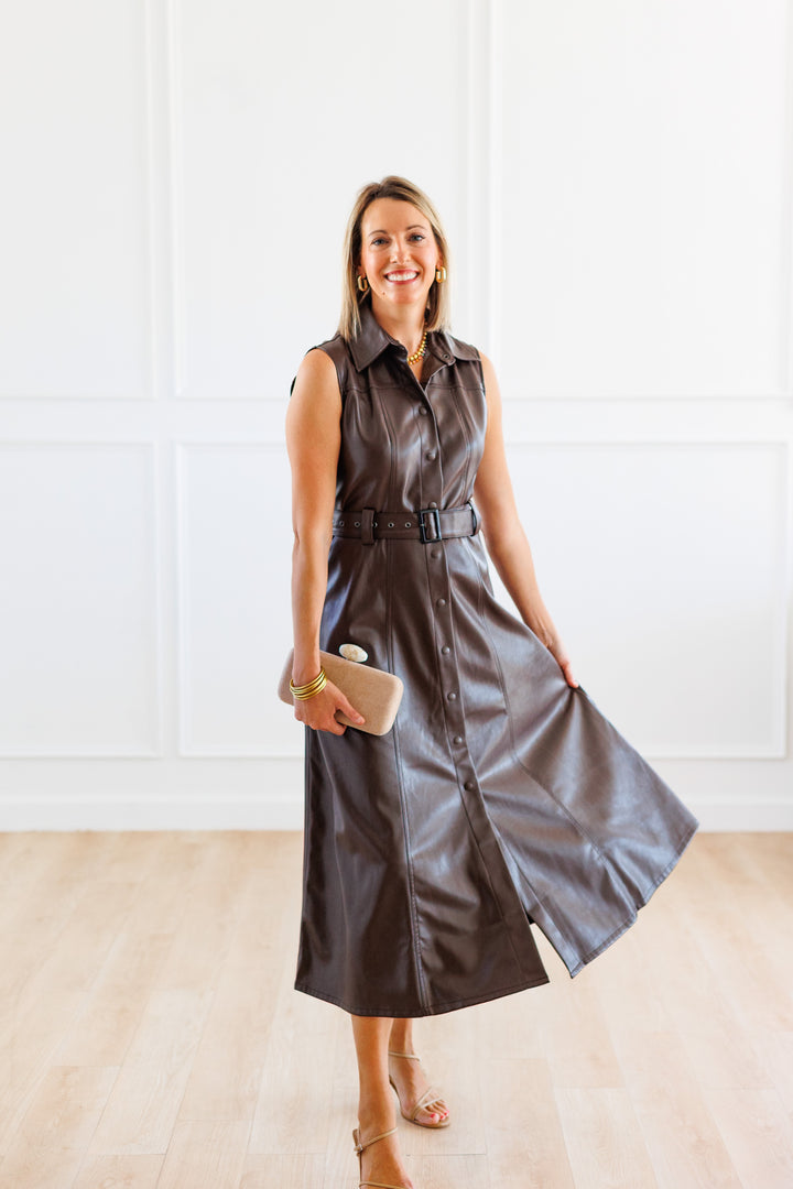 BROWN FAUX LEATHER BUTTON-FRONT MIDI DRESS 