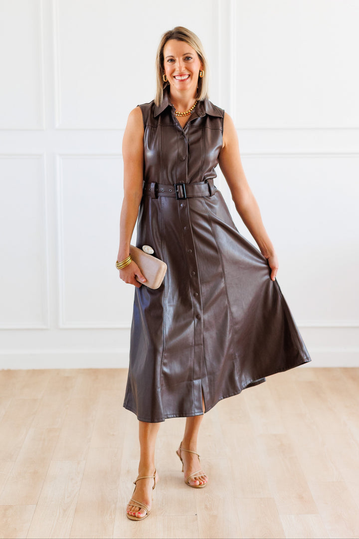 BROWN FAUX LEATHER BUTTON-FRONT MIDI DRESS