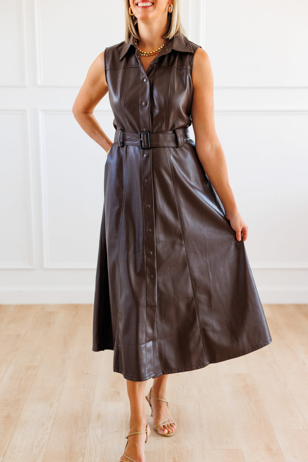 BROWN FAUX LEATHER BUTTON-FRONT MIDI DRESS FRONT VIEW