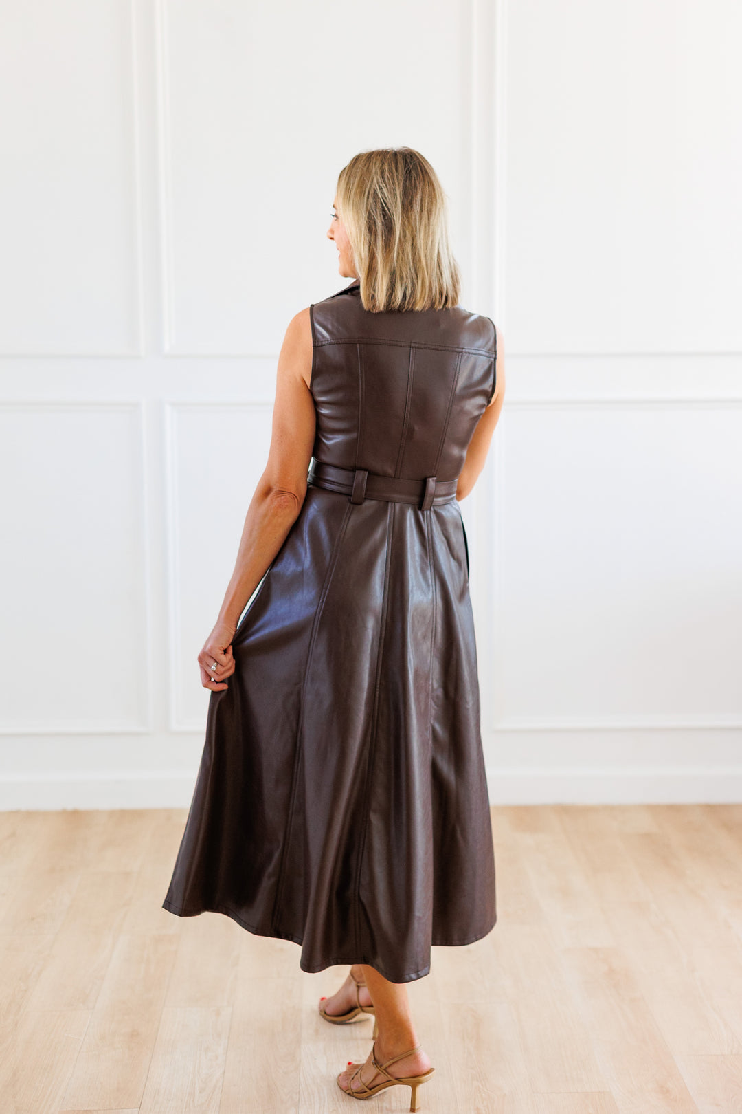 BROWN FAUX LEATHER BUTTON-FRONT MIDI DRESS BACK VIEW