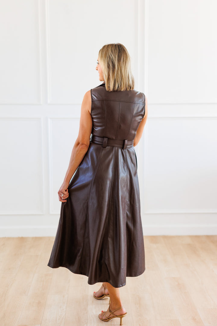 BROWN FAUX LEATHER BUTTON-FRONT MIDI DRESS BACK VIEW