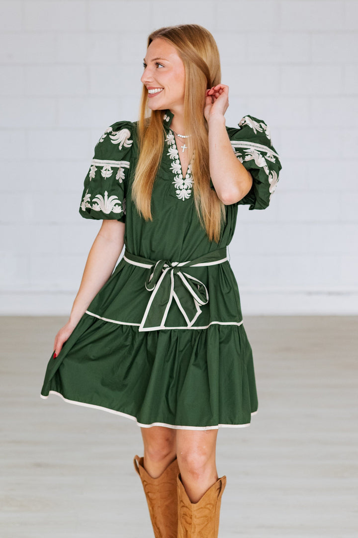 DARK GREEN EMBROIDERED SLEEVE MINI DRESS