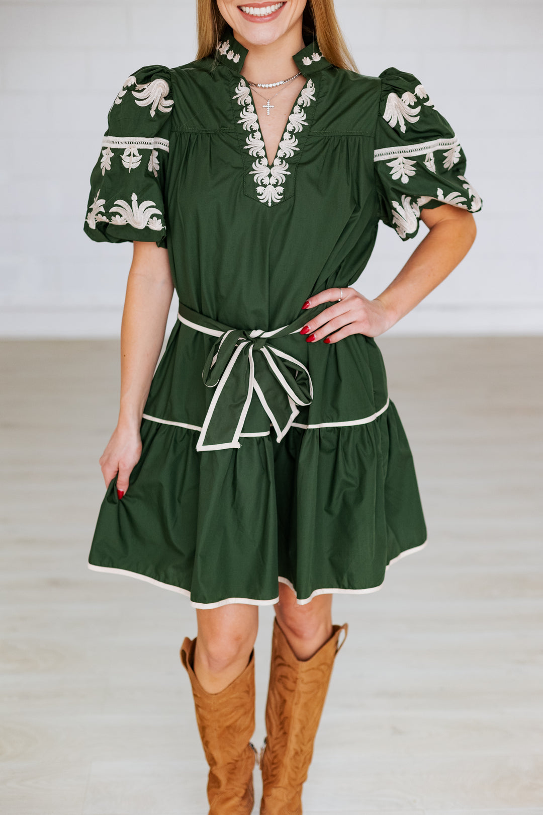 DARK GREEN EMBROIDERED SLEEVE MINI DRESS
