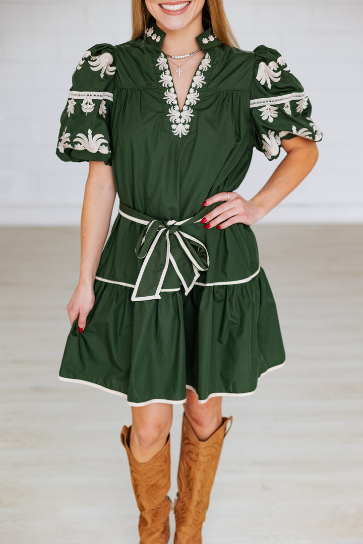 DARK GREEN EMBROIDERED SLEEVE MINI DRESS
