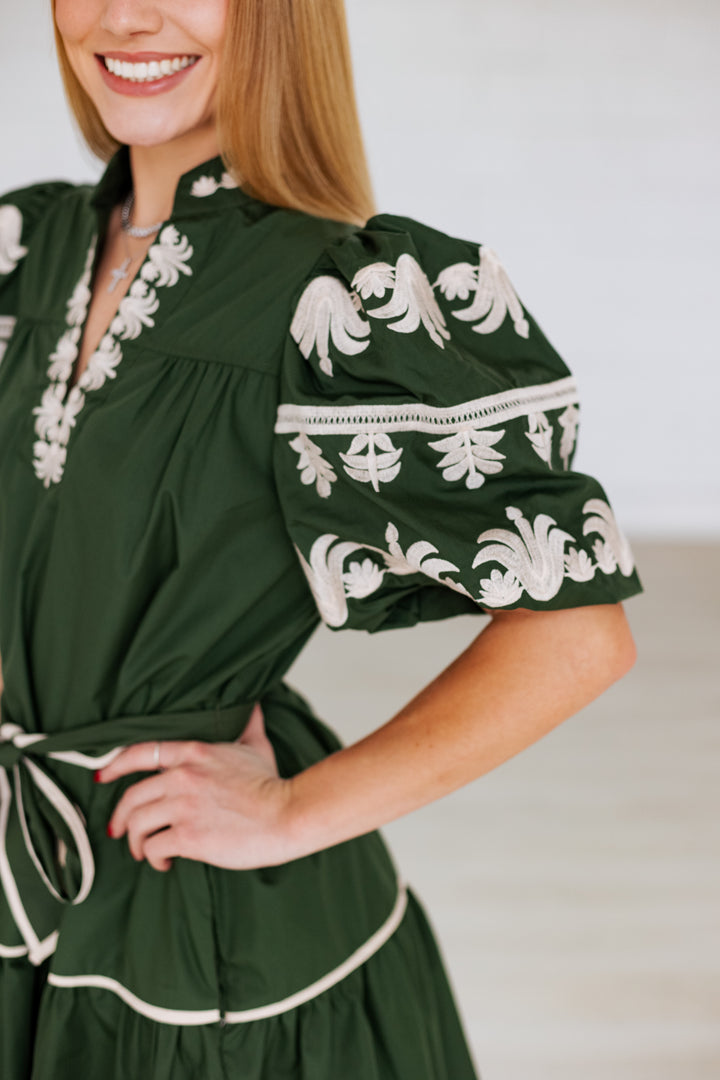 DARK GREEN EMBROIDERED SLEEVE MINI DRESS