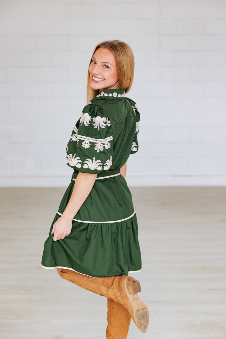 DARK GREEN EMBROIDERED SLEEVE MINI DRESS