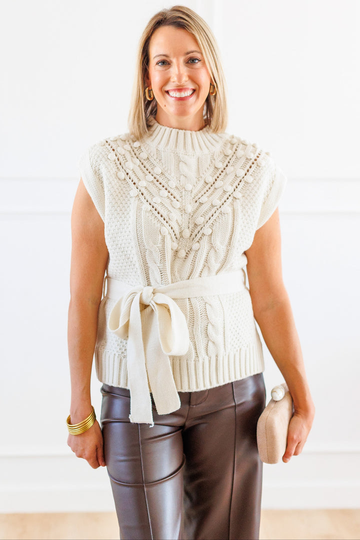POM POM EMBELLISHED BELTED PONCHO SWTR