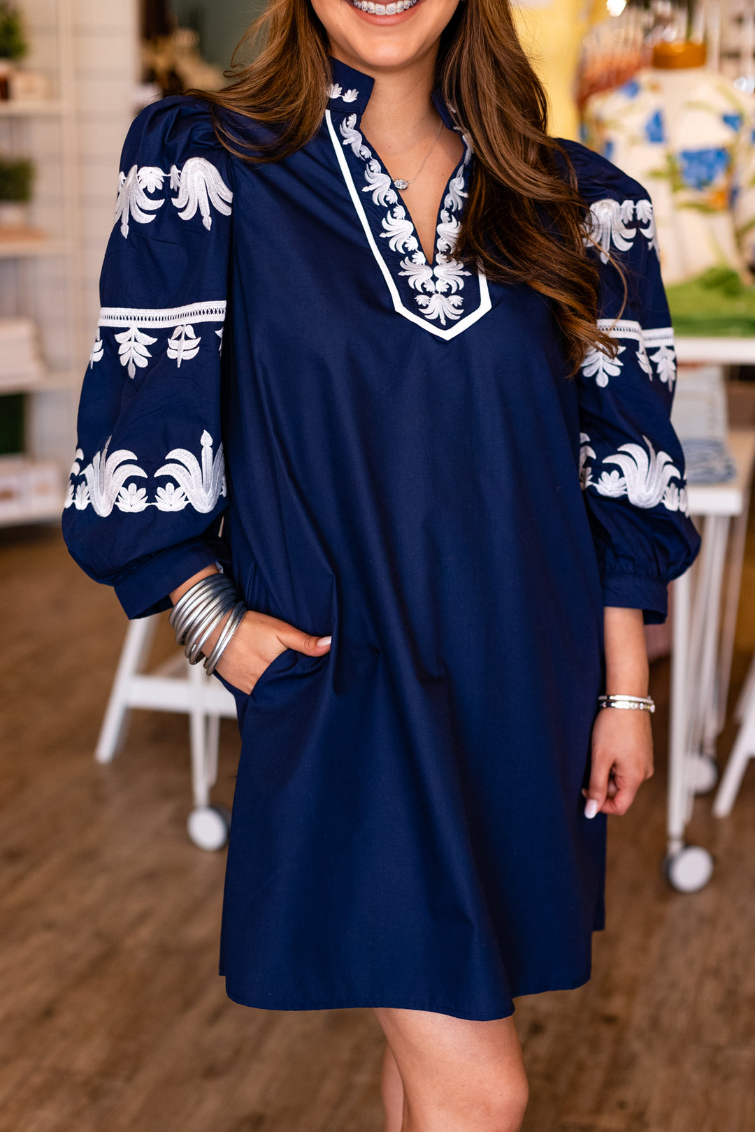 CLASSIC EMBROIDERED 3/4 SLEEVE MINI DRESS