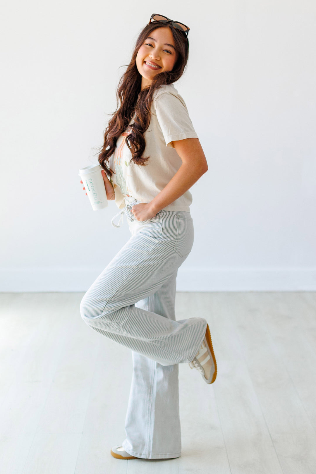 STRIPED TIE FRONT WIDE LEG JEAN