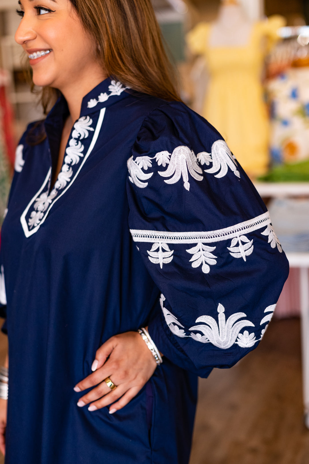 CLASSIC EMBROIDERED 3/4 SLEEVE MINI DRESS