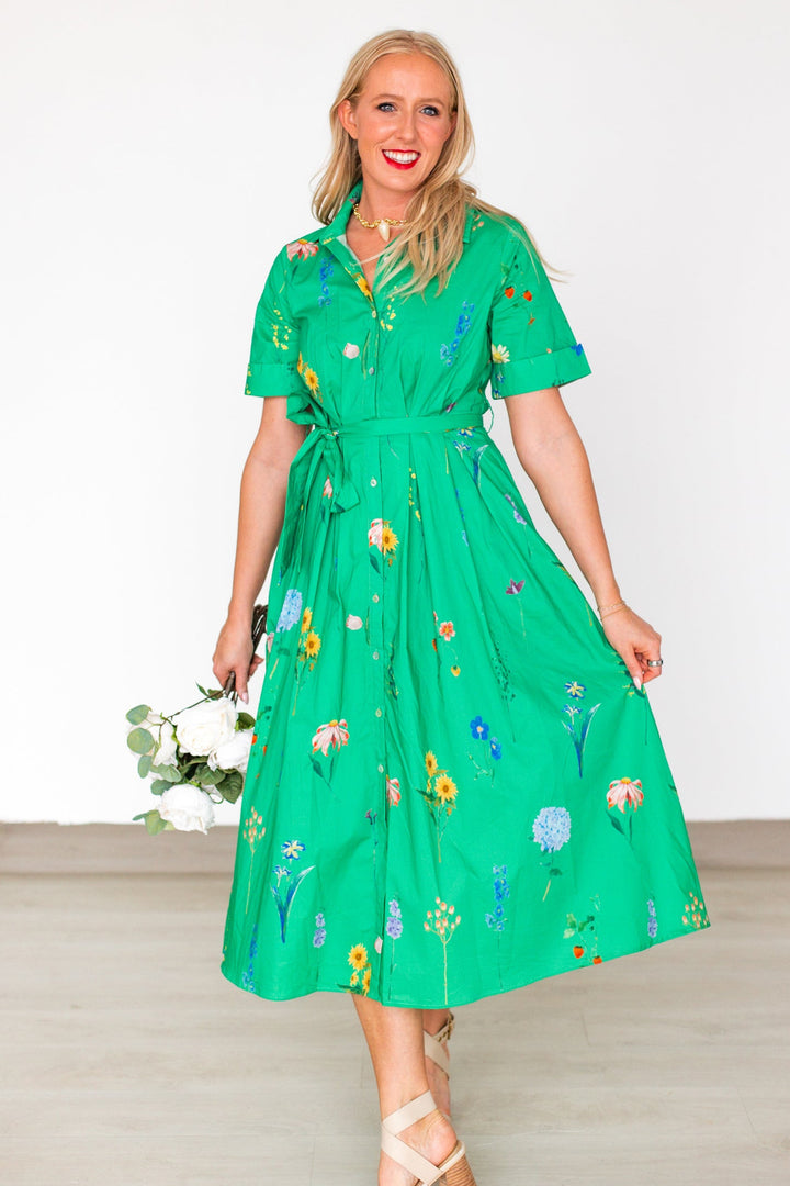 FLOWER FIELDS BUTTON UP MIDI DRESS- GREEN
