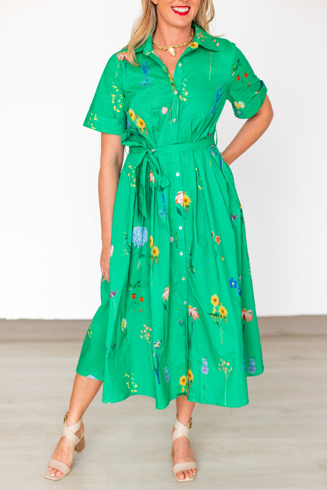 FLOWER FIELDS BUTTON UP MIDI DRESS- GREEN