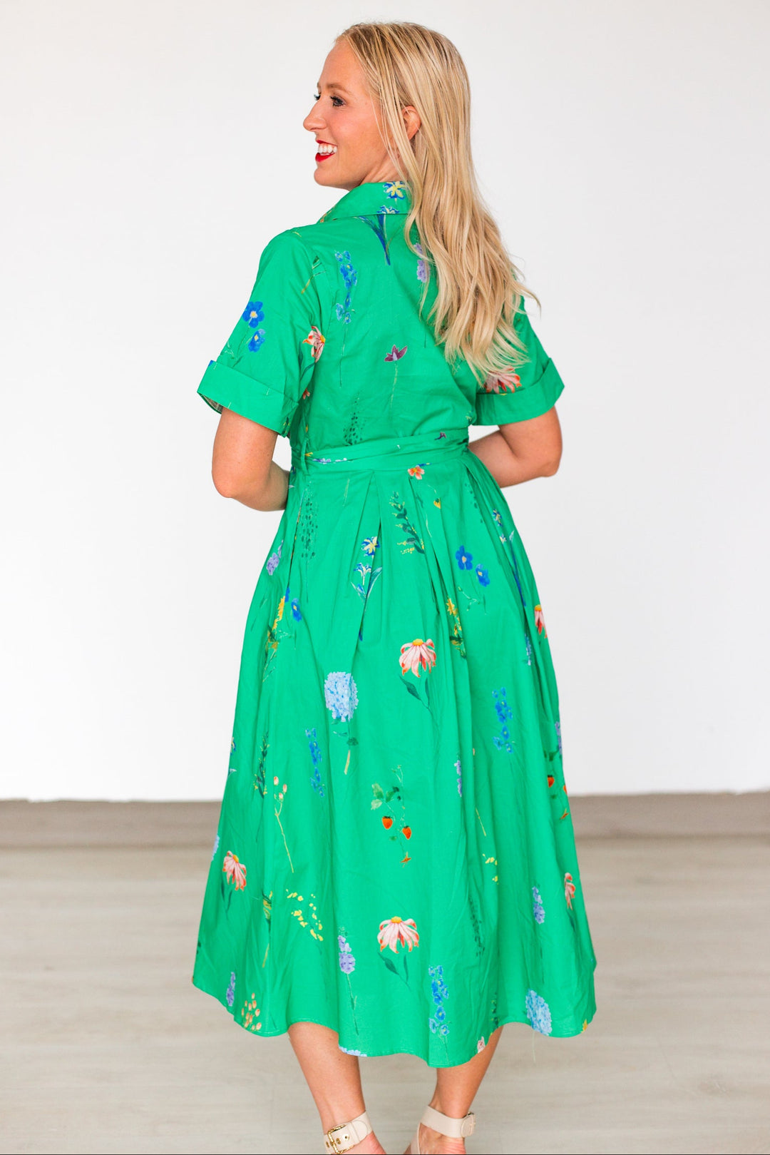 FLOWER FIELDS BUTTON UP MIDI DRESS- GREEN