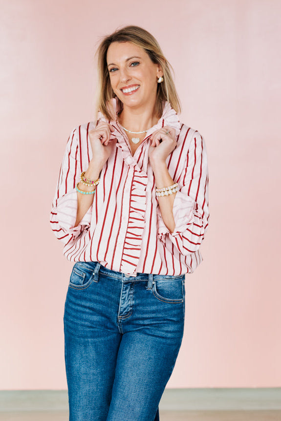 PETUNIA PINK & BURGUNDY STRIPED RUFFLE BLOUSE