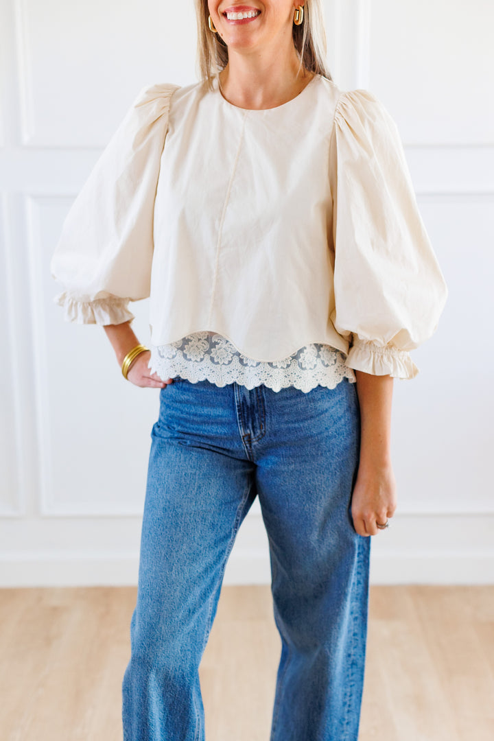 ECRU PUFF SLEEVE BLOUSE FRONT VIEW