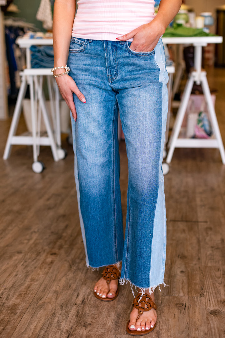 FLYING MONKEY: HIGHRISE TWO TONE BARREL JEAN