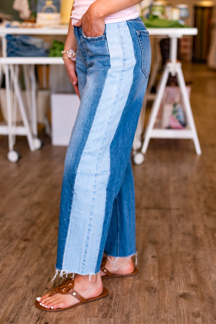 FLYING MONKEY: HIGHRISE TWO TONE BARREL JEAN