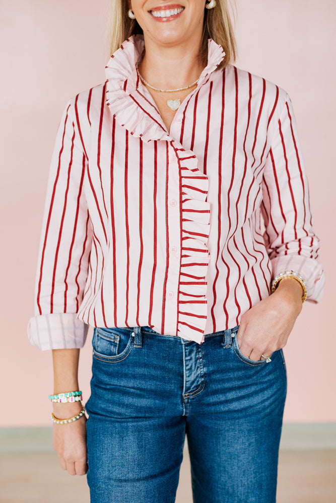 PETUNIA PINK & BURGUNDY STRIPED RUFFLE BLOUSE