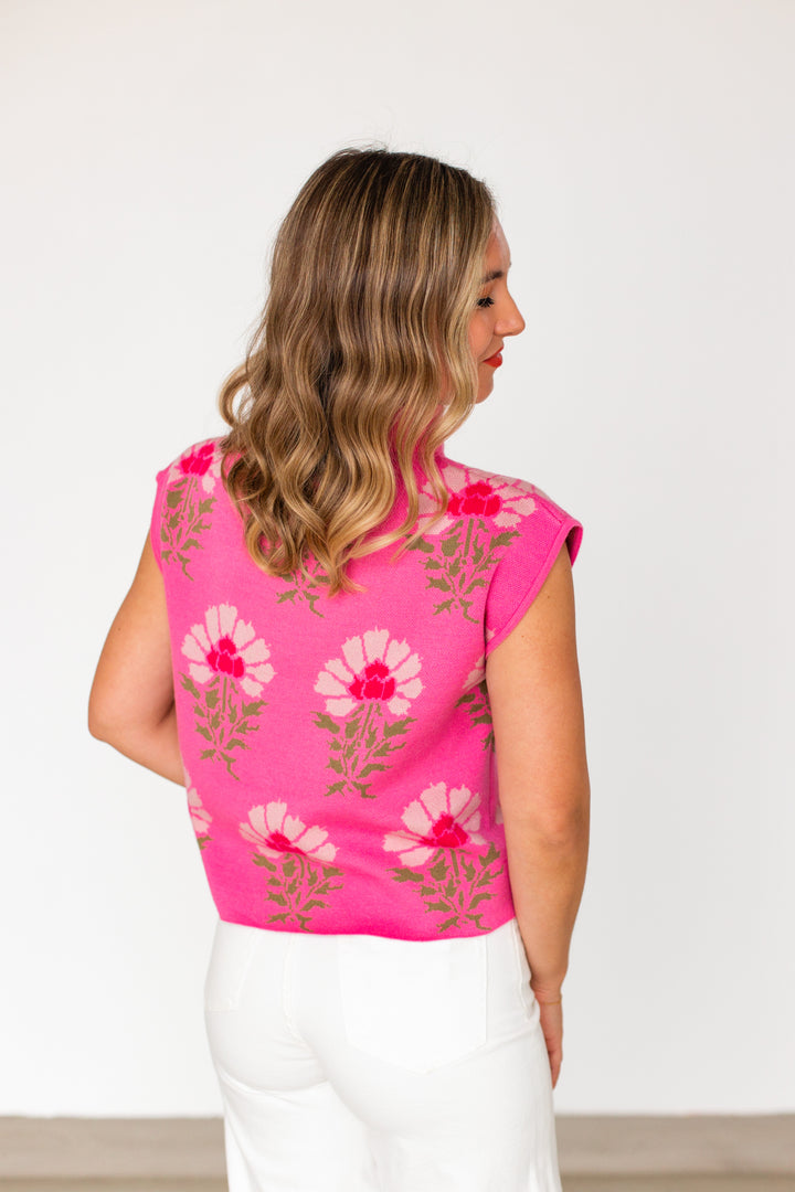PINKED FLORALS SLEEVELESS SWEATER