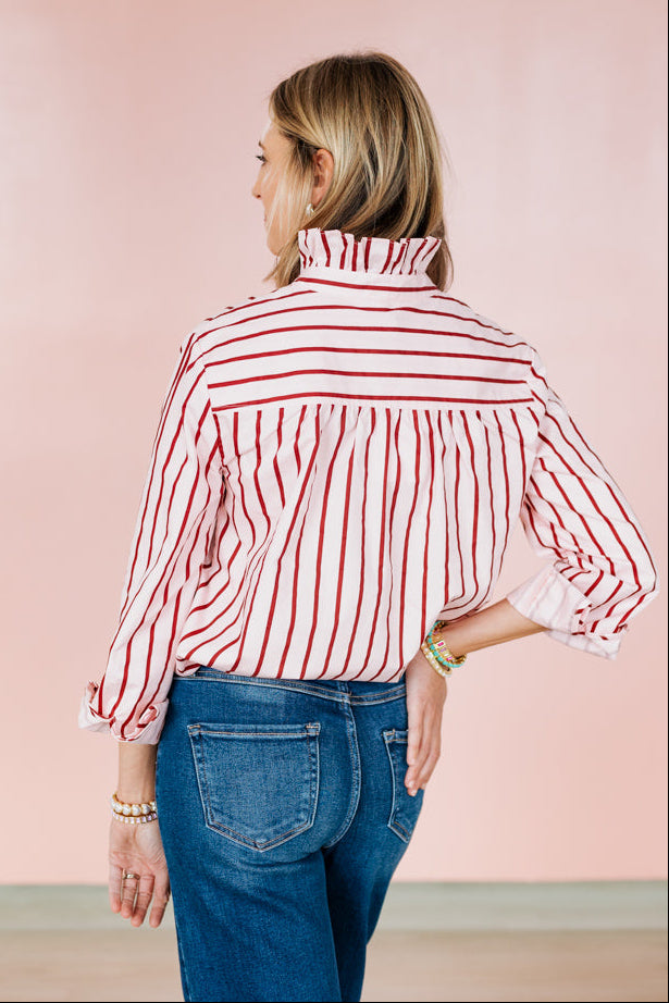 PETUNIA PINK & BURGUNDY STRIPED RUFFLE BLOUSE