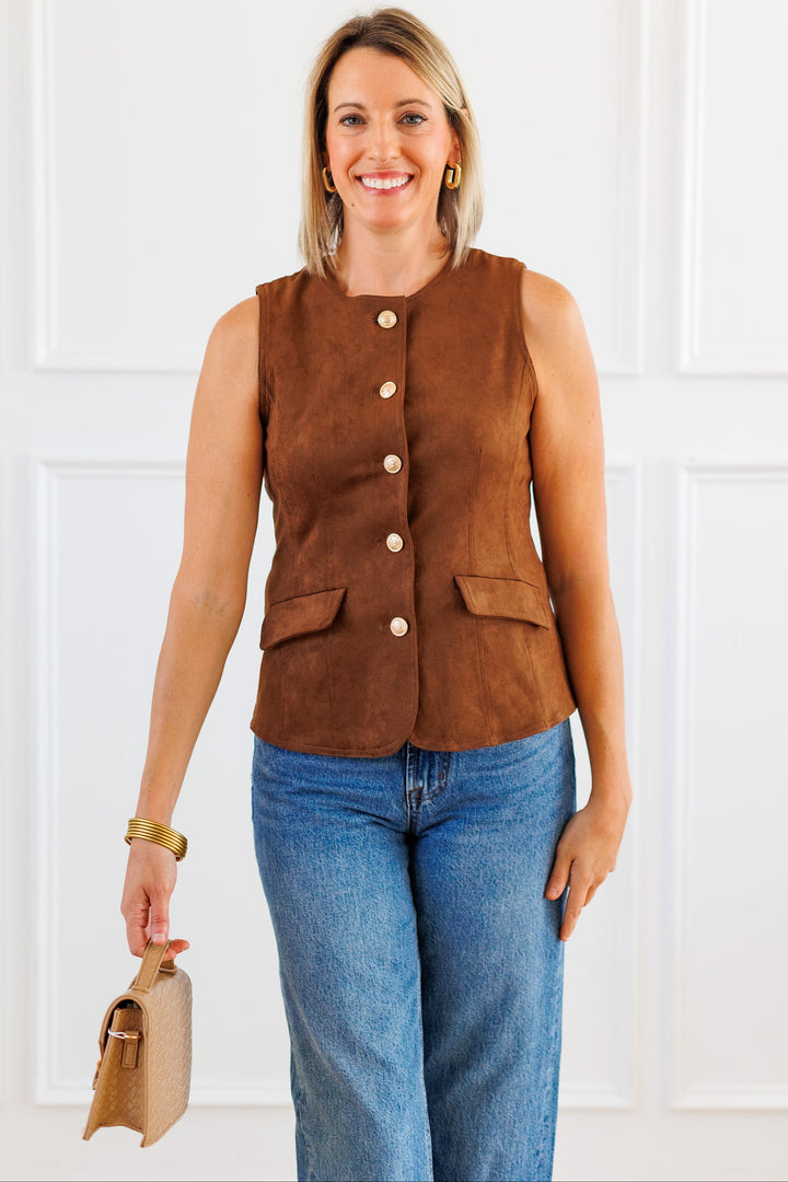 SUEDE BUTTON UP VEST FRONT VIEW