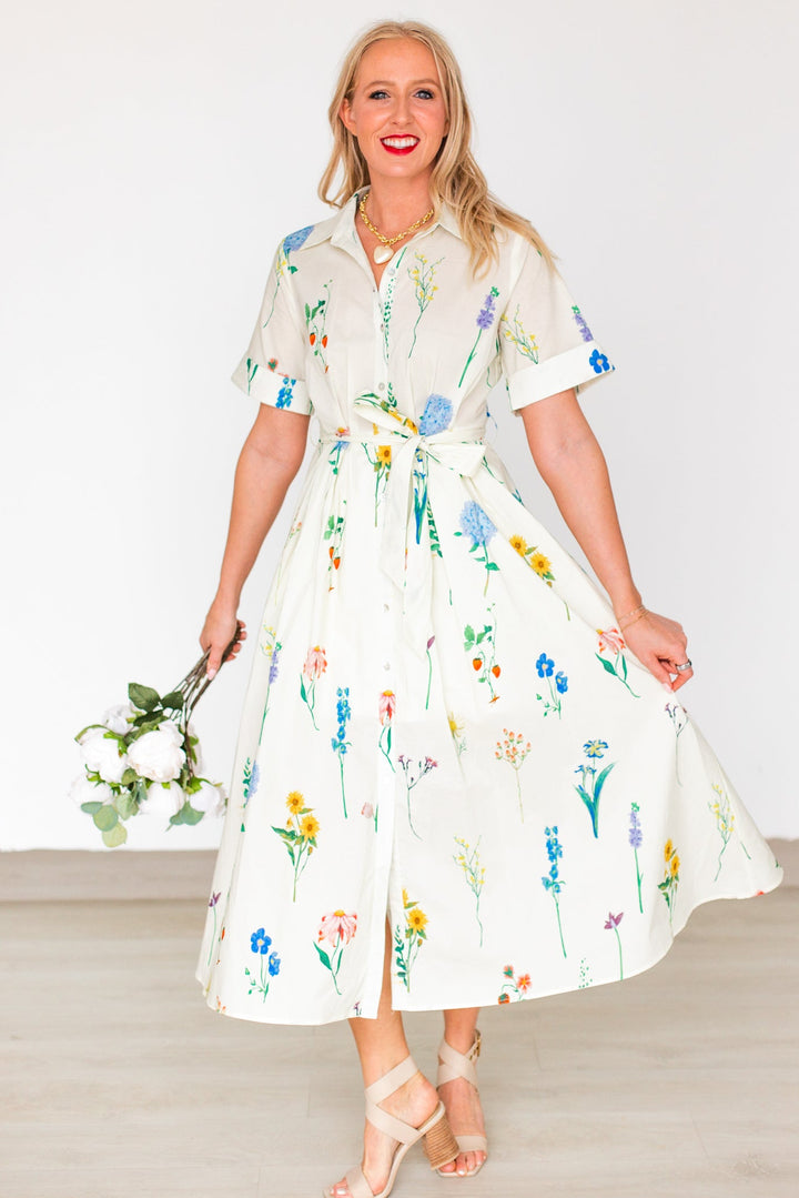 FLOWER FIELDS BUTTON UP MIDI DRESS- CREAM