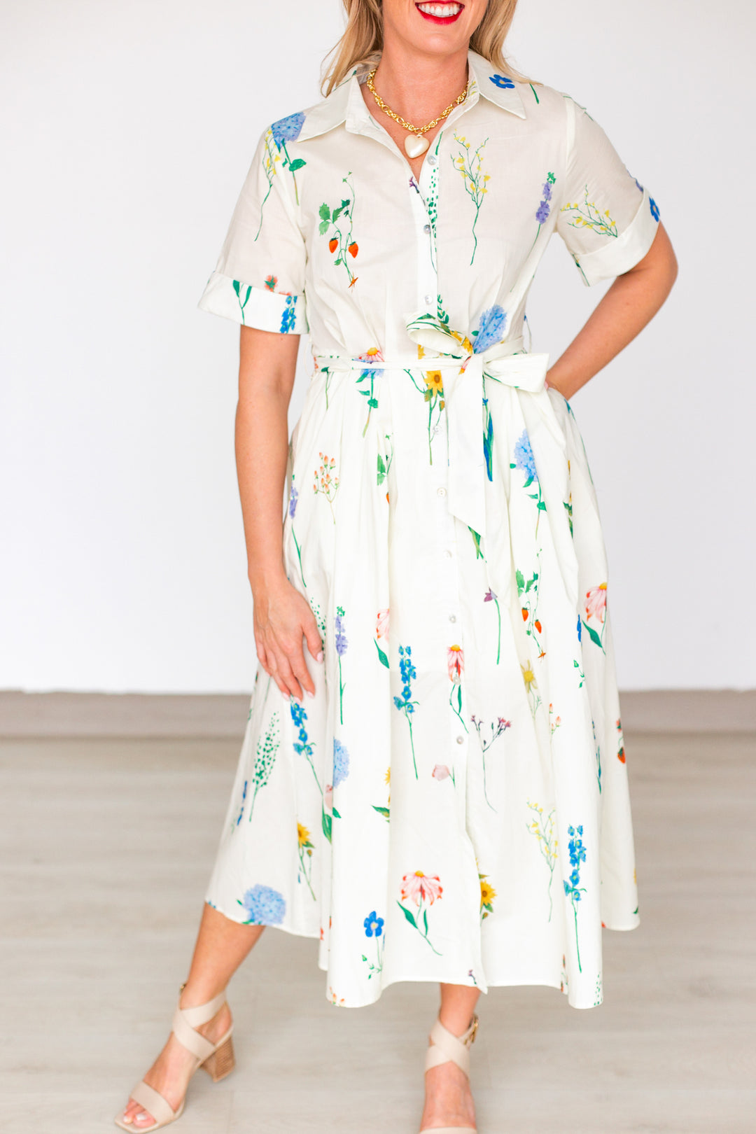 FLOWER FIELDS BUTTON UP MIDI DRESS- CREAM