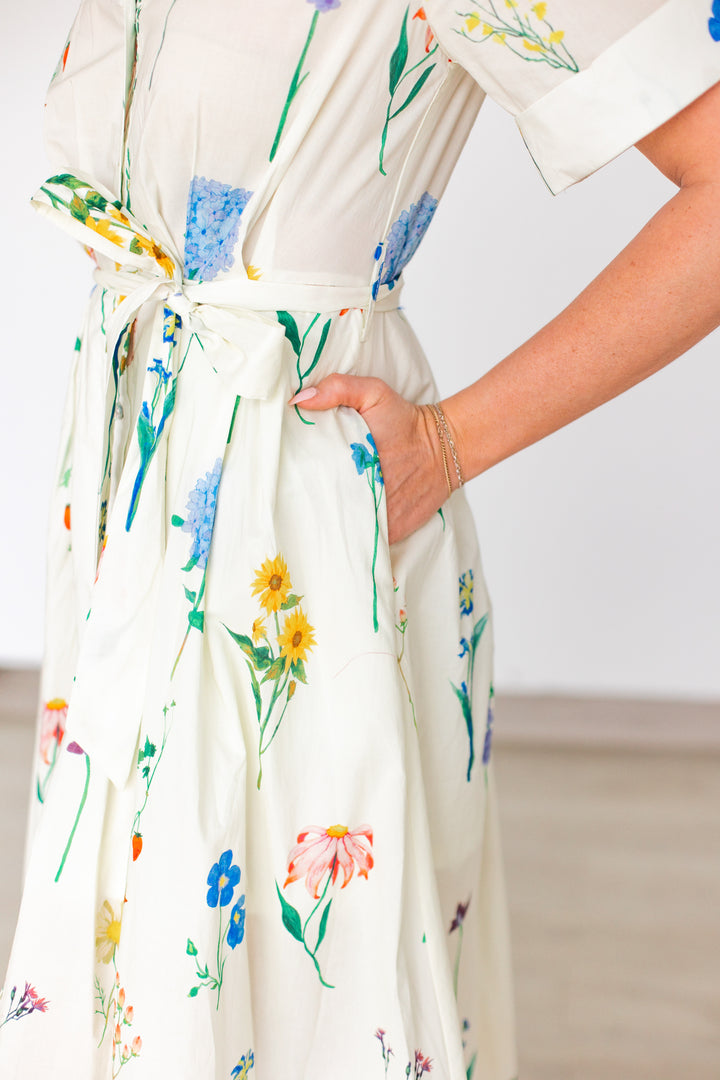 FLOWER FIELDS BUTTON UP MIDI DRESS- CREAM
