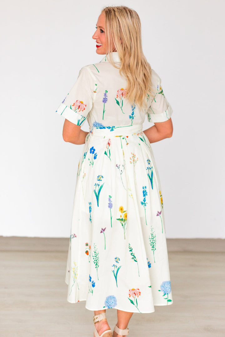 FLOWER FIELDS BUTTON UP MIDI DRESS- CREAM