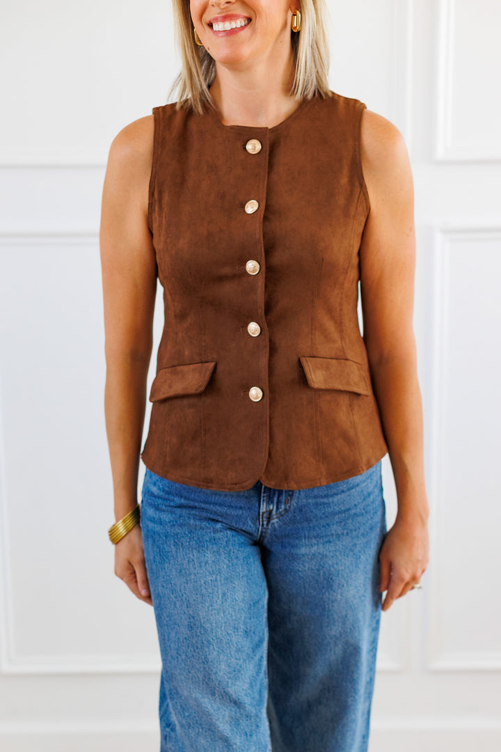 SUEDE BUTTON UP VEST DETAILS