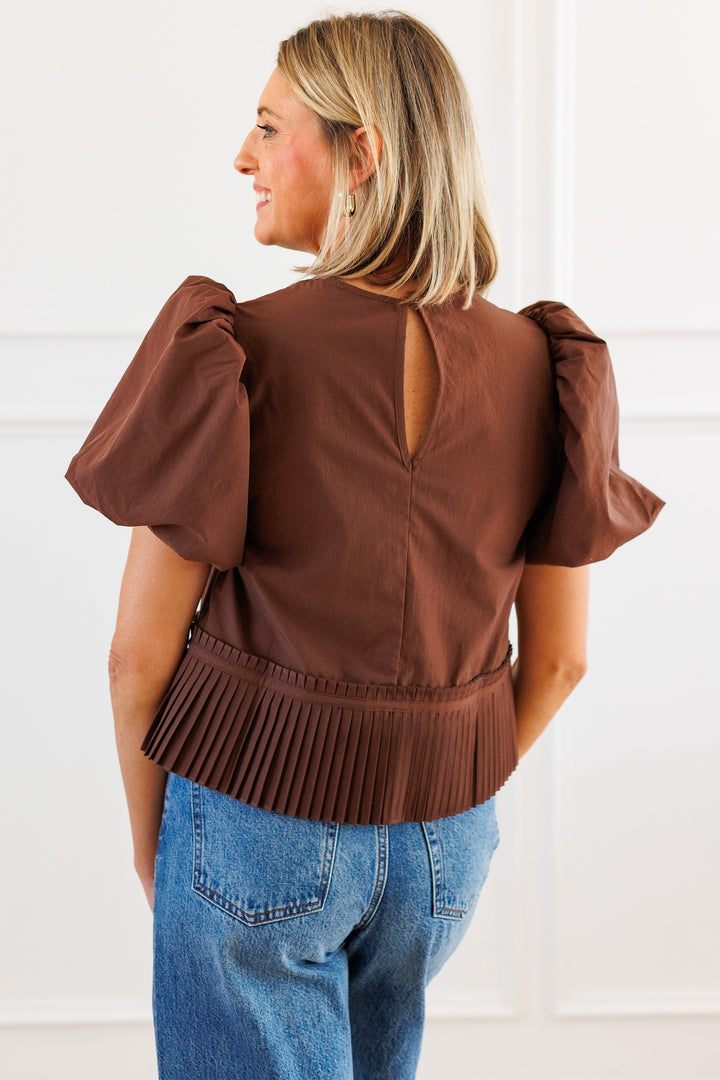 BROWN PLEATED HEM PUFF SLEEVE BLOUSE BACK VIEW