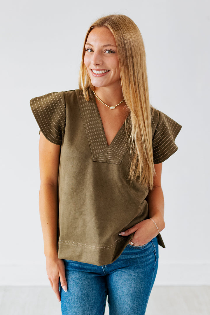 OLIVE SUEDE FLUTTER SLEEVE TOP