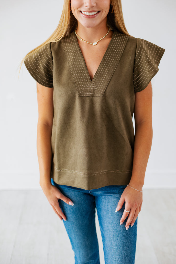 OLIVE SUEDE FLUTTER SLEEVE TOP