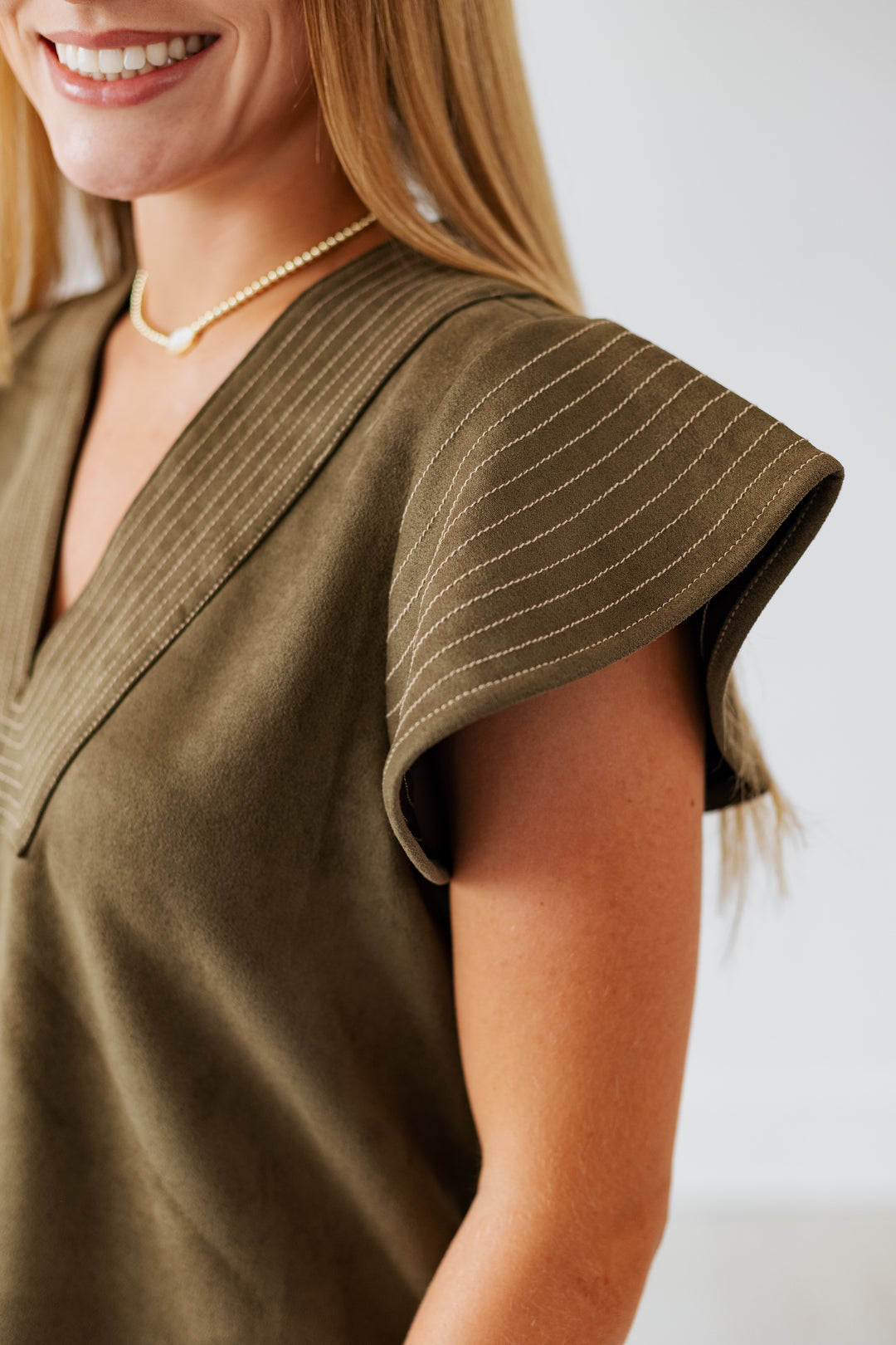 OLIVE SUEDE FLUTTER SLEEVE TOP
