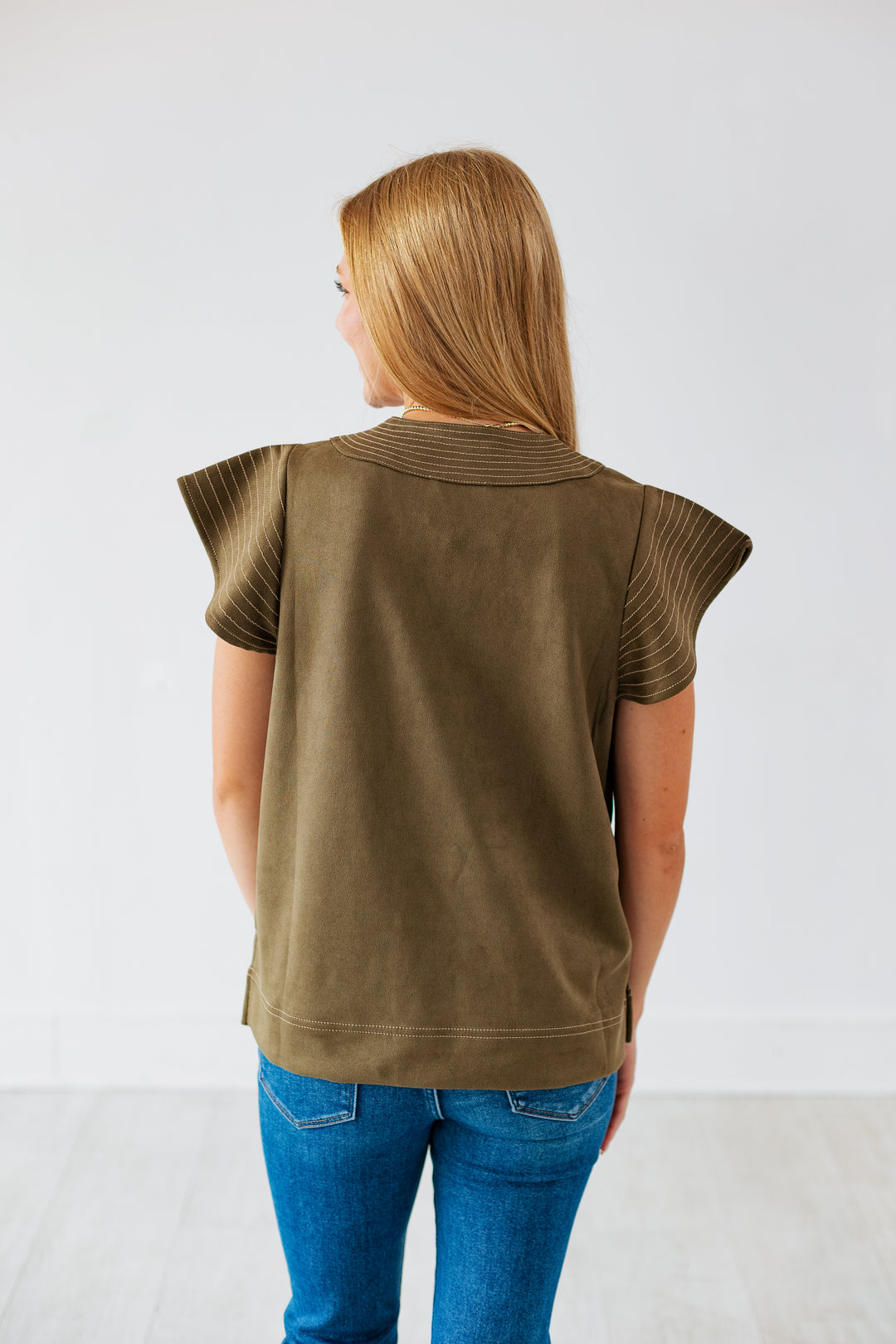 OLIVE SUEDE FLUTTER SLEEVE TOP
