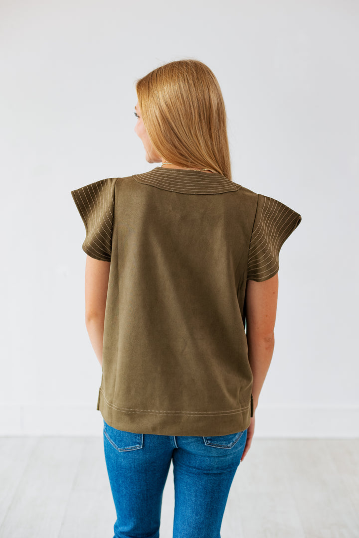 OLIVE SUEDE FLUTTER SLEEVE TOP