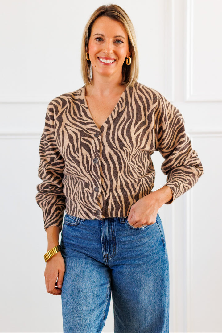 Z SUPPLY: DARK CHOCOLATE ZEBRA PRINT BUTTON-FRONT CARDIGAN