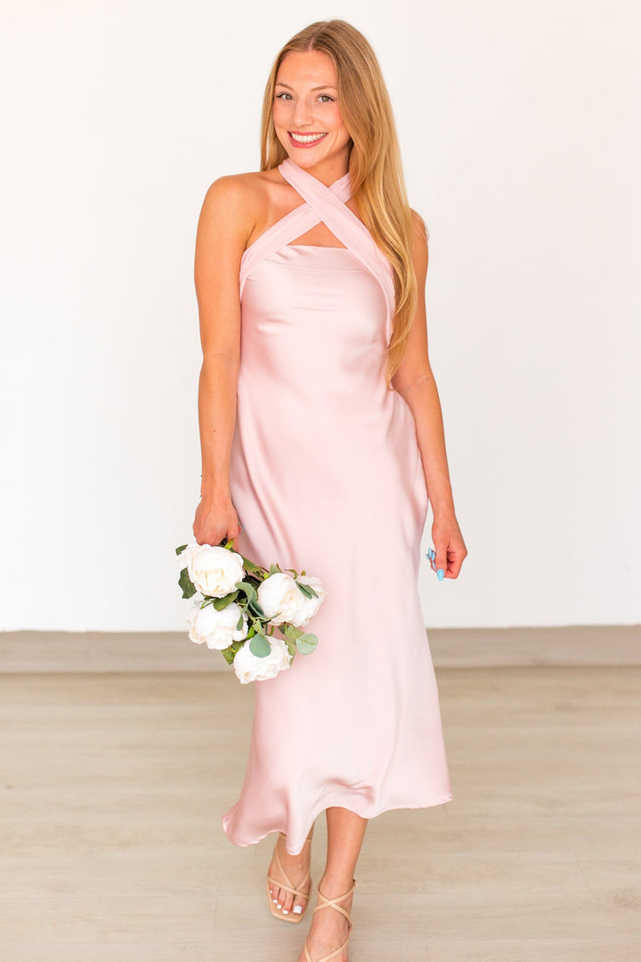 BLUSHING SILK SCARF DETAIL MIDI DRESS