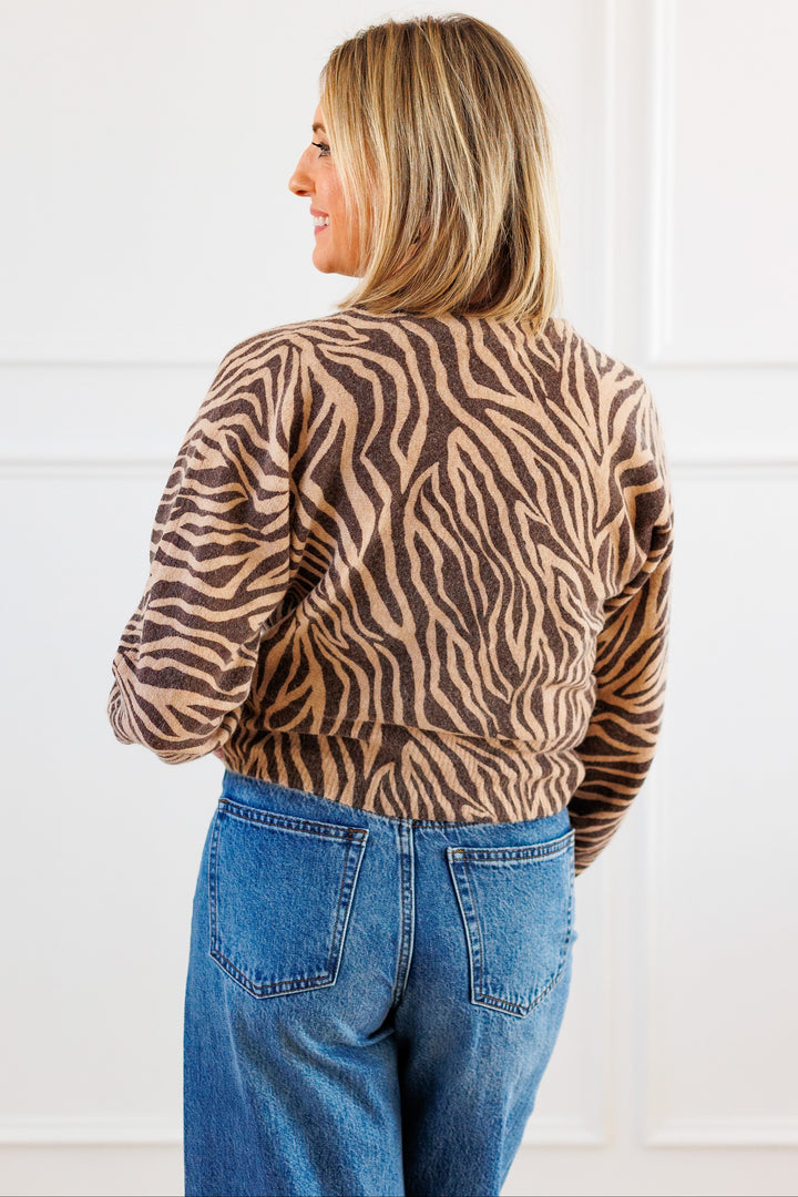Z SUPPLY: DARK CHOCOLATE ZEBRA PRINT BUTTON-FRONT CARDIGAN BACK VIEW