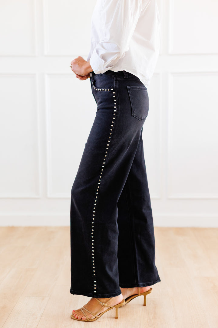 BLACK HIGH RISE STUD DETAIL WIDE LEG JEANS SIDE VIEW