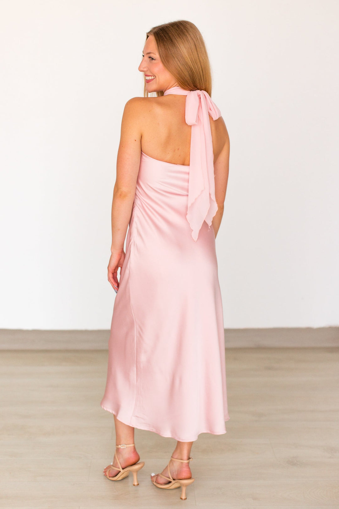 BLUSHING SILK SCARF DETAIL MIDI DRESS