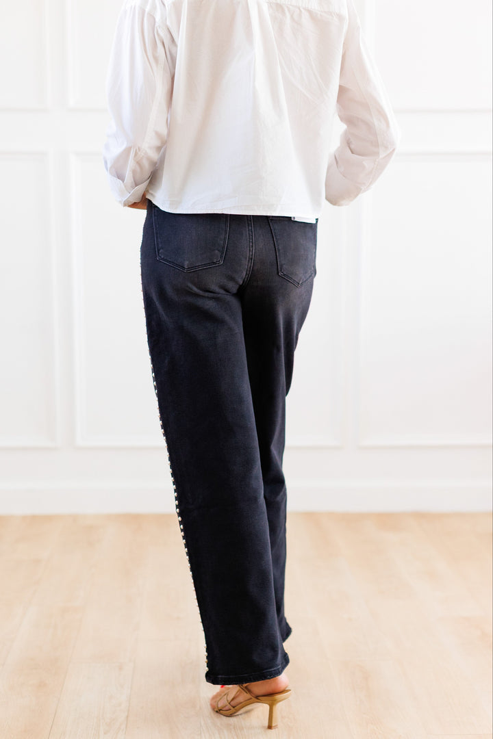 BLACK HIGH RISE STUD DETAIL WIDE LEG JEANS BACK VIEW