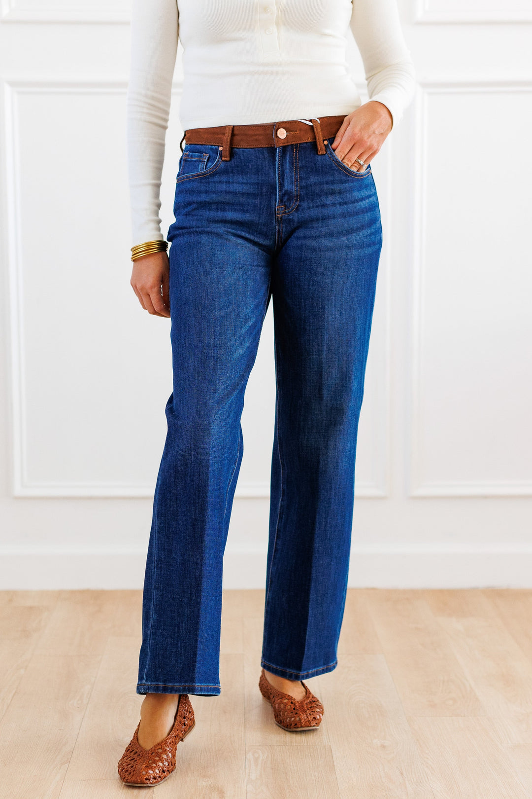 RISEN: SUEDE CONTRAST DARK WASH STRAIGHT LEG JEAN FRONT VIEW