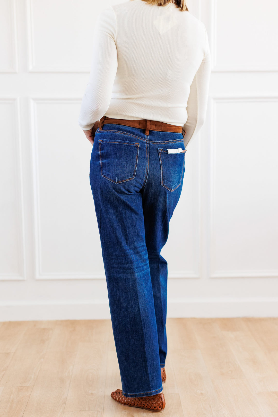 RISEN: SUEDE CONTRAST DARK WASH STRAIGHT LEG JEAN BACK VIEW