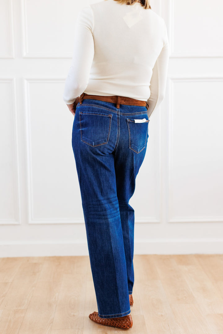 RISEN: SUEDE CONTRAST DARK WASH STRAIGHT LEG JEAN BACK VIEW