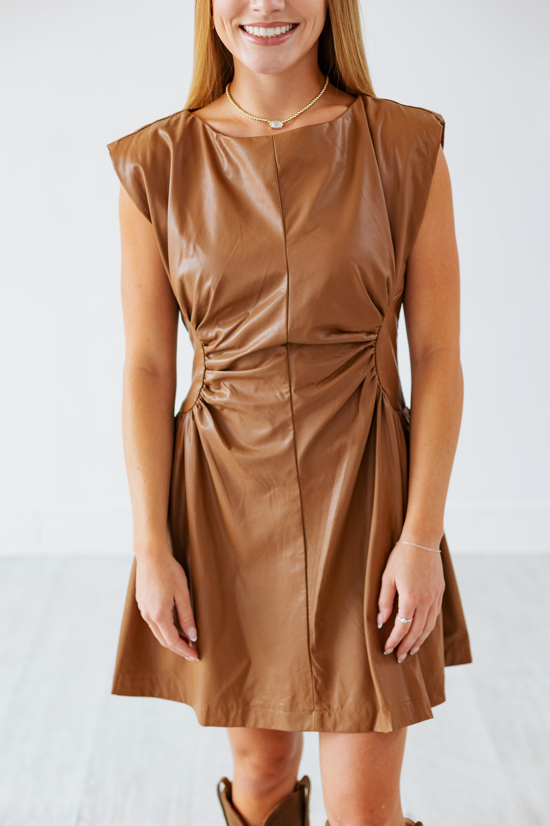 FAUX LEATHER PANEL MINI DRESS- MOCHA