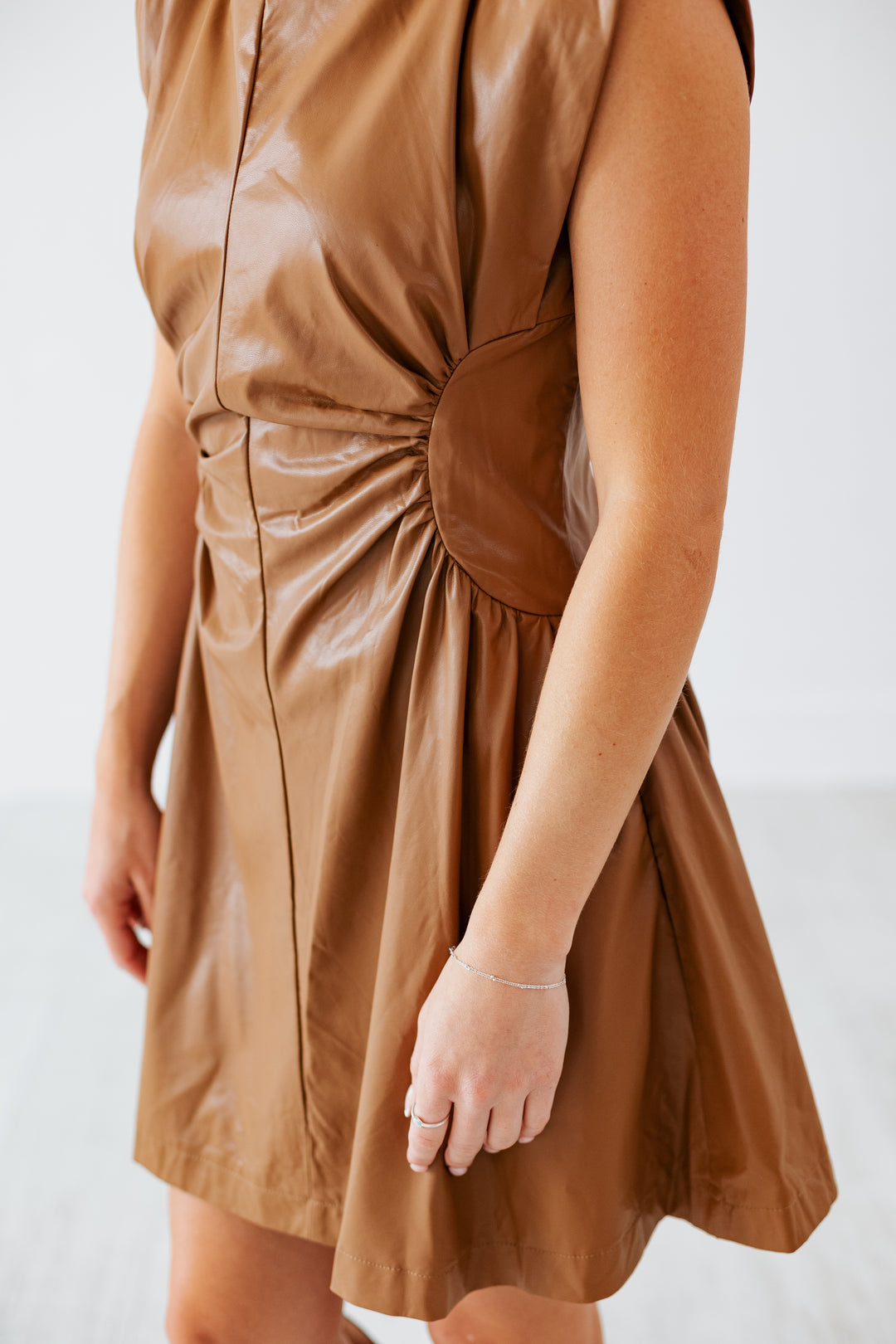 FAUX LEATHER PANEL MINI DRESS- MOCHA