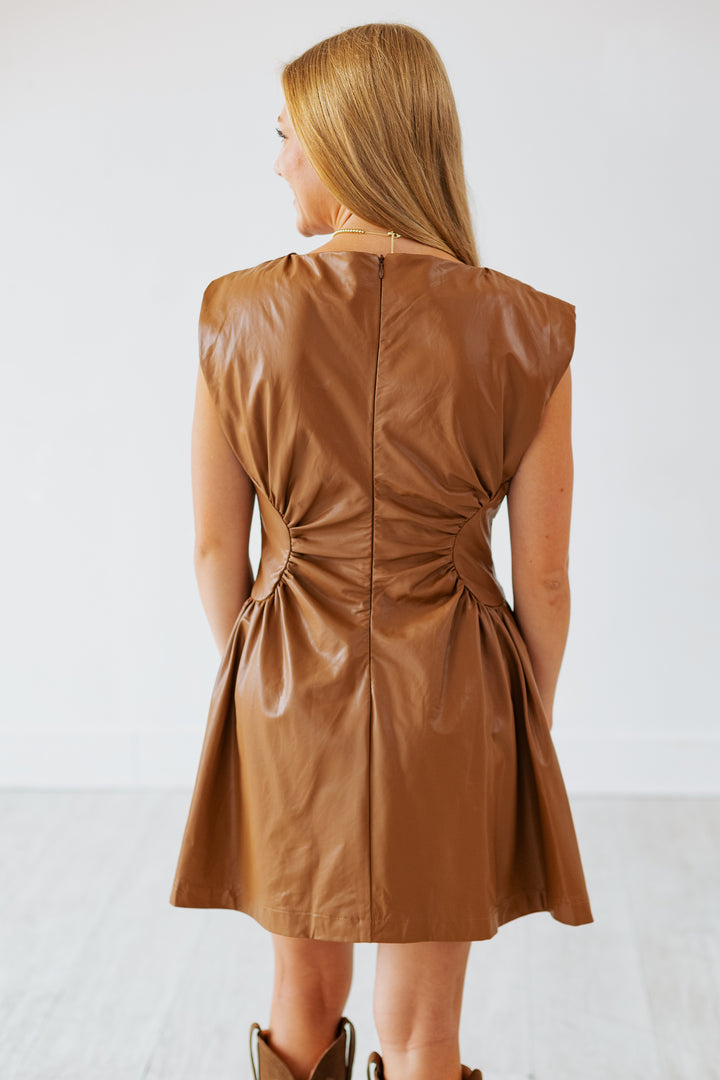 FAUX LEATHER PANEL MINI DRESS- MOCHA