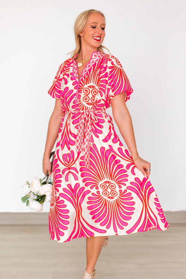 PINK &amp; RED SWIRL PRINT MIDI DRESS